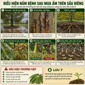 Biểu hiện nấm hại sau mưa ẩm trên sầu riêng