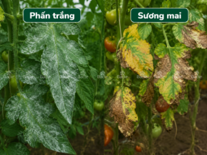 So sánh phấn trắng và sương mai cà chua qua dấu hiệu trên lá