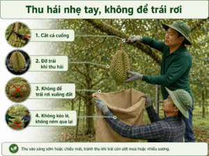 Thao tác thu hoạch trái sầu riêng