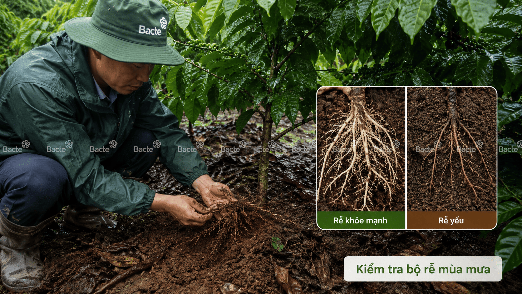 Kiểm tra bộ rễ cà phê mùa mưa