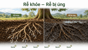 So sánh rễ sầu riêng khỏe và rễ bị úng nước