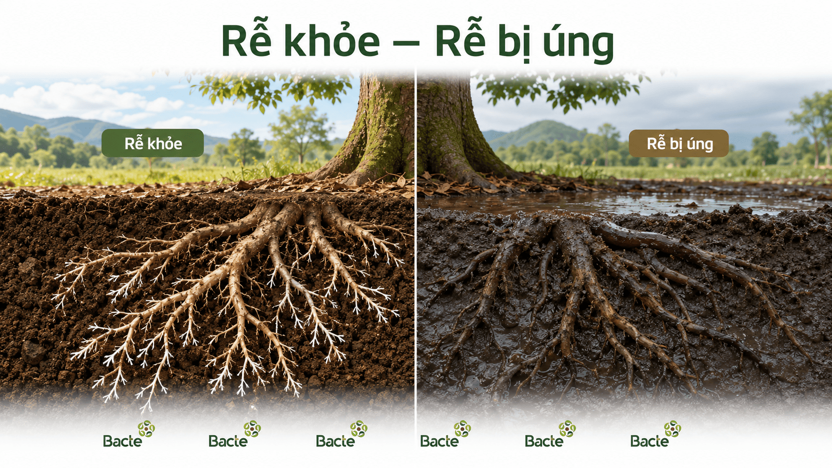 So sánh rễ sầu riêng khỏe và rễ bị úng nước