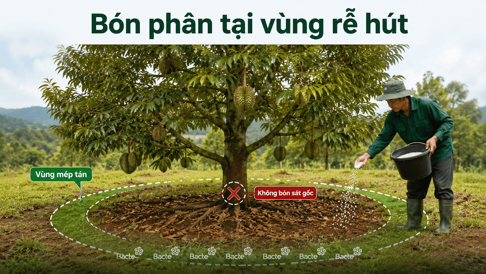 Vị trí bón phân đúng tại vùng mép tán cây sầu riêng