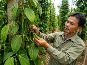 Nông dân kiểm tra giai đoạn tạo mầm hoa hồ tiêu